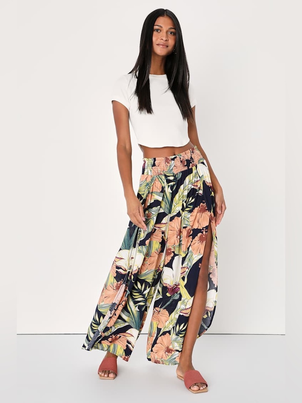 Lulus Island Inclination Navy Blue Tropical Print Flyaway Pants - M